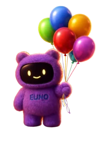 Robot Euno violet avec des ballons pour célébrer la précommande.